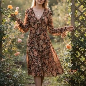 Lauren Ralph Lauren Silk Floral Whimsical Midi Dress Garden Party Ruffle SZ 10